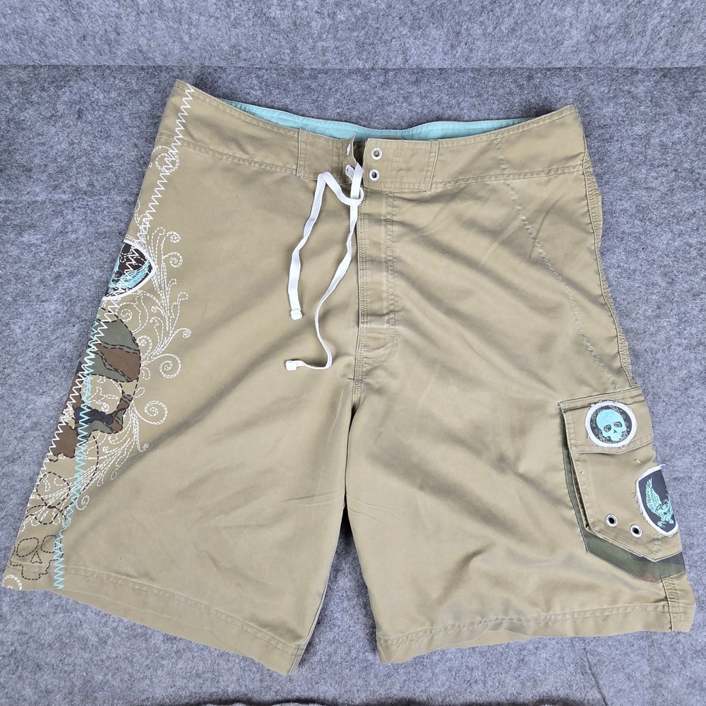 Urban Pipeline Mens Tan Camo Skull Graphic Board Shorts Swim Trunks Size 38